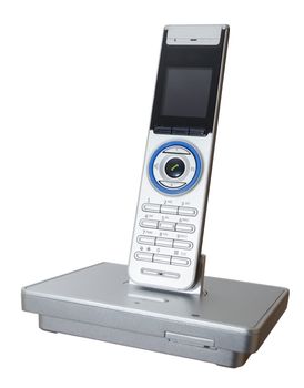 A used modern landline phone isolated on white.