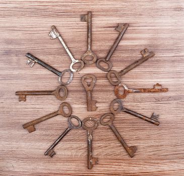 Old rusty keys on a wooden surface