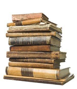 Stack of antique books isolated on white background