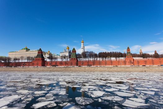 Moscow Kremlin and Moskva River in the sunny spring afternoon.