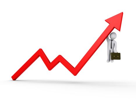 3d businessman is hanging from rising arrow graph