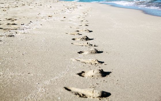 Traces of man in the wet sand near the ocean