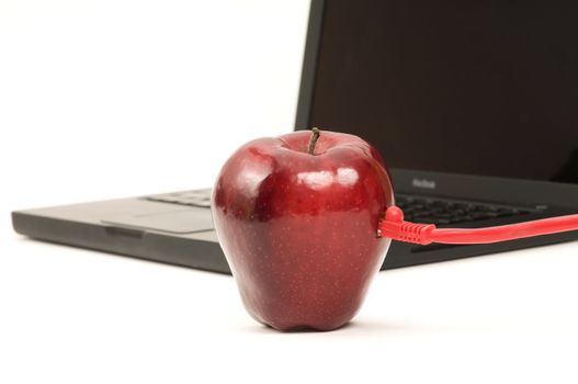 Red apple connected to a laptop with an ethernet cable
