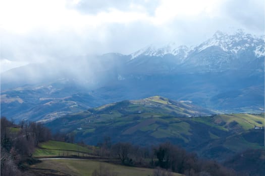 Fields hills and mountains in the Italian region of Abruzzo