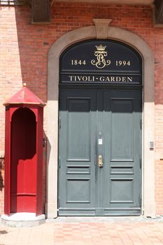 Red wooden sentry box at Tivoli Garden Copenhagen