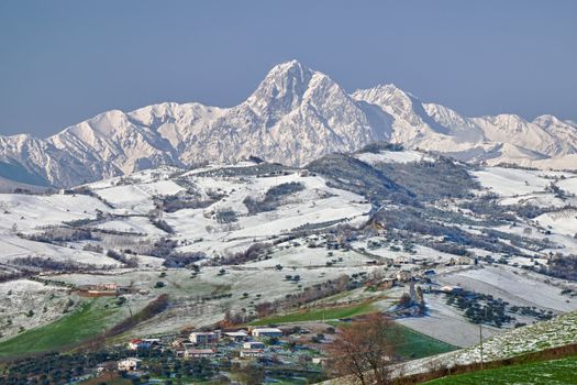 snow covered Gran Sasso mountain range in Abruzzo Italy