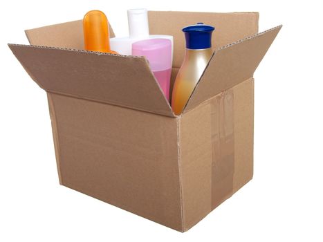 box with plastic bottle for lotion, shampoo, sunscreen etc in . Isolated on white. 