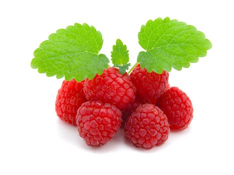 Raspberries with green leaves on white background 