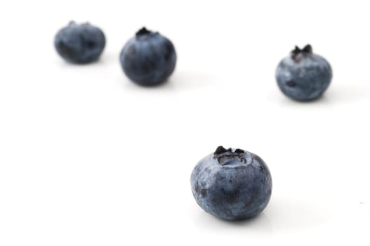 Selective focus on the single blueberry on white background