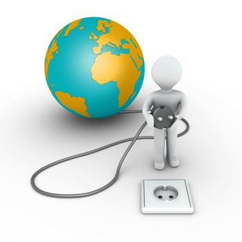 3d person holding a plug is in front of the globe