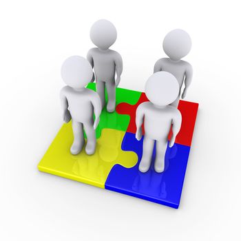 Four 3d people standing on connected puzzle pieces