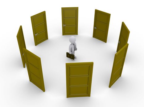 3d businessman surrounded by doors is thinking which one to open