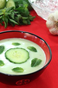 fresh Asian iced cucumber soup with garlic, yogurt and peppermint