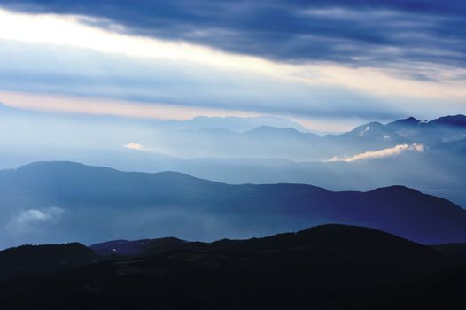 Mountain area at sunrise in Yunnan province, China