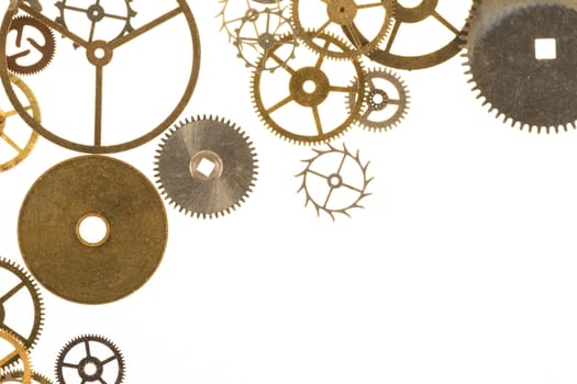 Watch cogs on white background with copy space