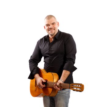 Man playing guitar on a white background