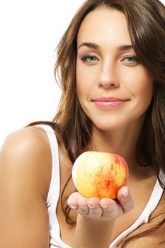 beautiful woman presenting an fresh apple 