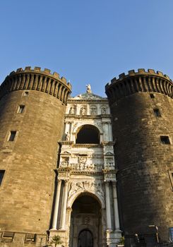 facade and towers of Maschio Angioino, Naples, Italy