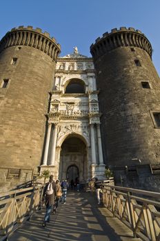 facade and towers of Maschio Angioino, Naples, Italy