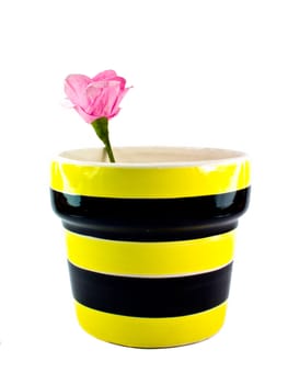 This is a Ceramic flower pot with Artificial flowers on white background