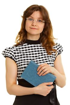 Portrait of a woman - an adult student with a book isolated on white background