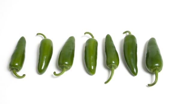 Row of hot japapeno peppers on white background