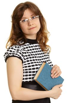 Portrait of a young woman - a teacher with a book isolated on white background