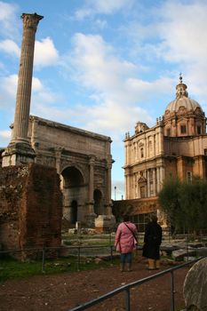 Italy. Rome. Ruins of a forum and Vittoriano 