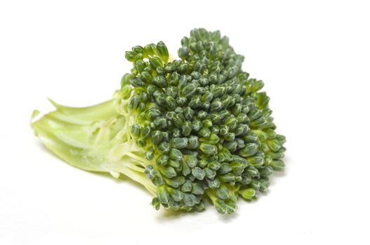 Selective focus on the foreground area of a brocolli stem isolated on white background