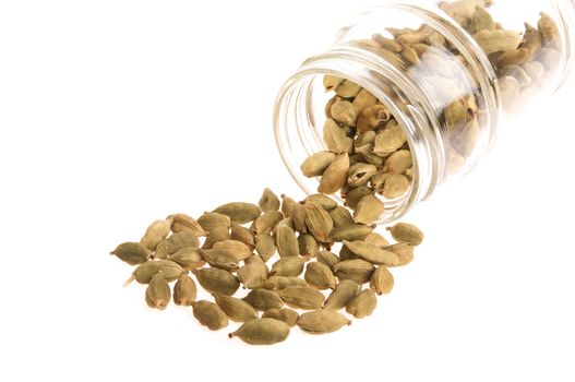 indian green cardamom pods outside a glass jar (isolated on white background)