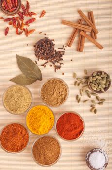 gorgeous setting with cooking spices and herbs (bay leaves, cumin, coriander, chili powder, cloves, cardamom pods, cinnamon sticks, paprika, piri piri, salt, turmeric) on a wooden mat