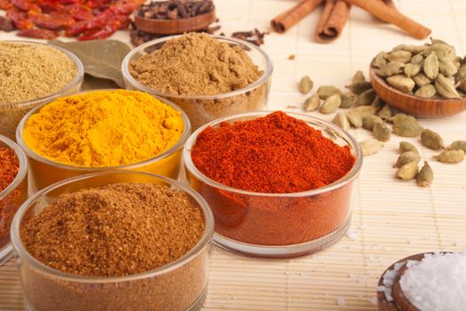 gorgeous setting with cooking spices and herbs (bay leaves, cumin, coriander, chili powder, cloves, cardamom pods, cinnamon sticks, paprika, piri piri, salt, turmeric) on a wooden mat (shallow DOF)