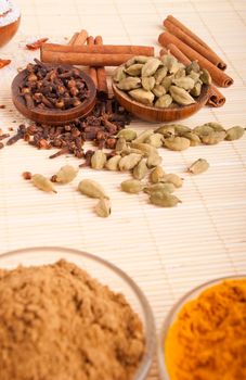 gorgeous setting with cooking spices and herbs (cloves, cardamom pods, cumir, cinnamon sticks, turmeric) on a wooden mat