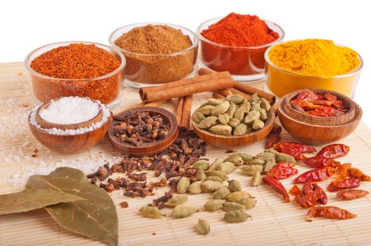 gorgeous setting with cooking spices and herbs (bay leaves, chili powder, cloves, cardamom pods, cinnamon sticks, garam masala, paprika, piri piri, salt, turmeric) on a wooden mat (isolated on white background)