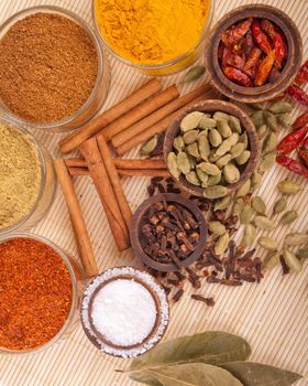 gorgeous setting with cooking spices and herbs (bay leaves, chili powder, coriander, cloves, cardamom pods, cinnamon sticks, garam masala, piri piri, salt, turmeric) on a wooden mat