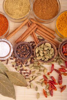 gorgeous setting with cooking spices and herbs (bay leaves, chili powder, coriander, cloves, cardamom pods, cinnamon sticks, garam masala, piri piri, salt, turmeric) on a wooden mat