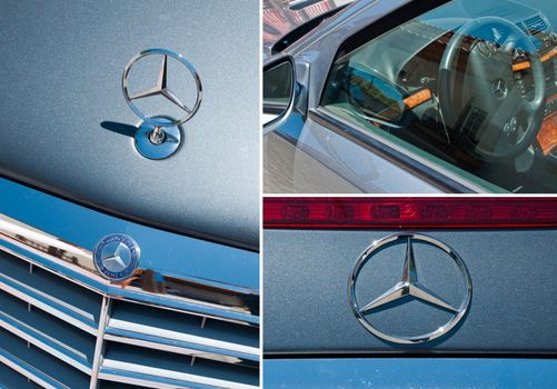 OUREM, PORTUGAL JUNE 19 2011: Mercedes-Benz at a local car show, collage with front bumper, interior and rear bumper on June 19 2011 in Ourem, Portugal