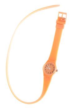 orange rubber and plastic watch with long bracelet (isolated on white background)