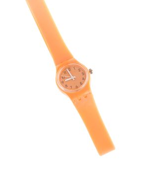 orange rubber and plastic watch with long bracelet (isolated on white background)