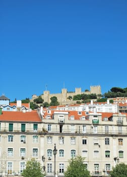 beautiful cityscape view with Sao Jorge Castle, Portugal (gorgeous blue sky)