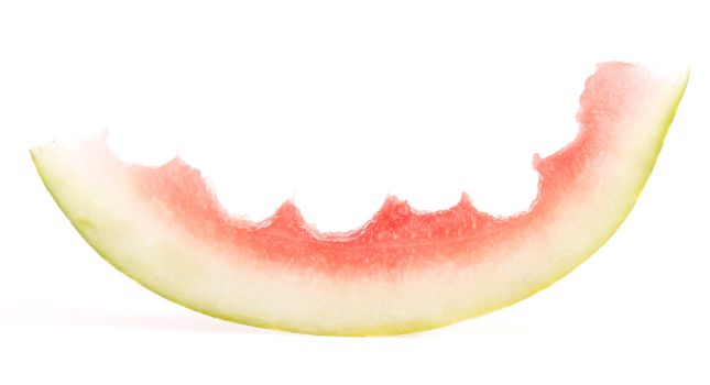 slice of watermelon fruit with bites (isolated on white background)