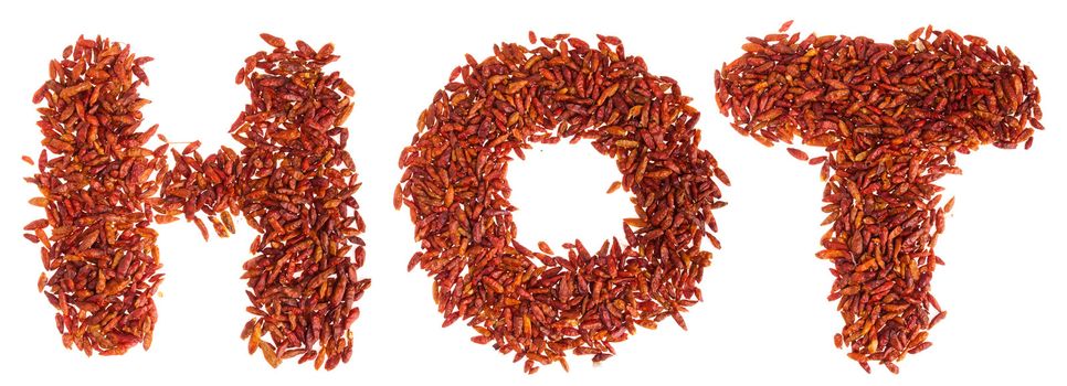 hot written with piri piri chilli peppers (isolated on white background)