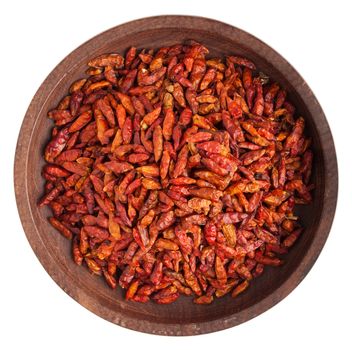 Piri Piri peppers on a vintage wooden bowl (isolated on white background)