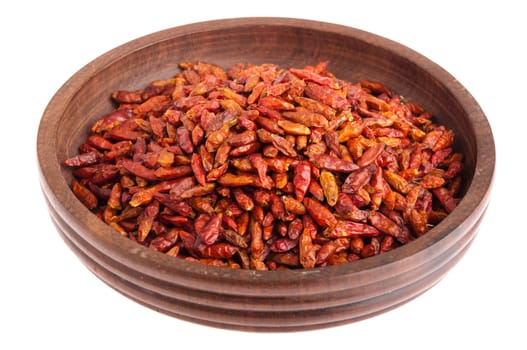 Piri Piri peppers on a vintage wooden bowl (isolated on white background)