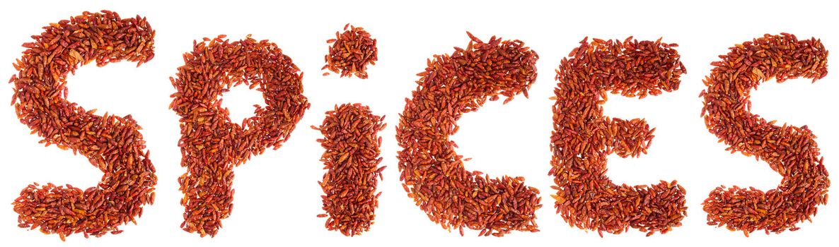 spices written with piri piri chilli peppers (isolated on white background)