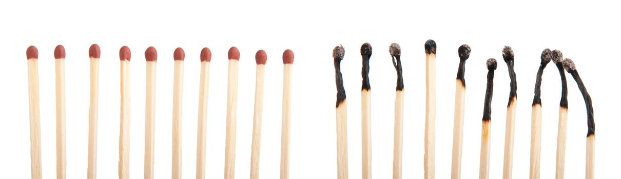 group of whole brown matches and burnt matches (isolated on a white background)