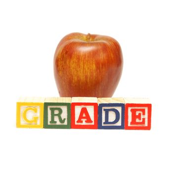 The spelling of the word grade using alphabet blocks.
