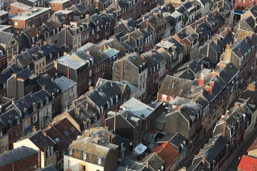 Aerial view of crowded buildings in Le Treport, a commune in Upper Normandy in the north of France.