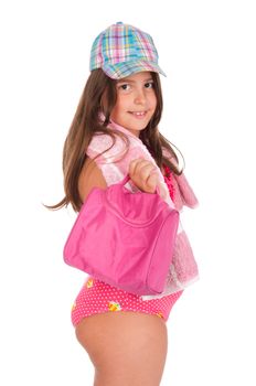 beautiful brunette teenage girl in swimsuit ready for the beach or pool with bag, cap and towel (isolated on white background)