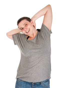 smiling casual woman relaxing with arms behind head isolated on white background 